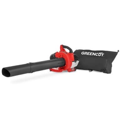 GREENCUT EBV260X - Soplador aspirador de hojas de gasolina de 26cc, velocidad máx 225km/h, bolsa recogida de 35L, incluye 2 tubos para el aspirado