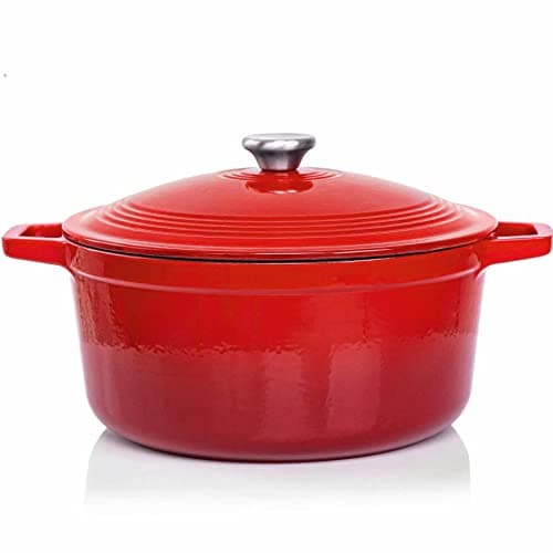 Cazuela Redonda de Hierro Fundido Rojo 6 Litros VeoHome, Olla y Dutch Oven para Pan, Horno Holandés, Cocotte para Cocinar al Horno, Guisos, Asados y Chimenea - caldero diámetro 28cm