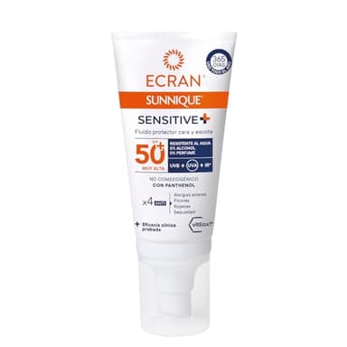 Ecran Sunnique Sensitive - Fluido Protector Facial para Cara y Escote FPS +50 | Fórmula con Pantenol, Resistente al Agua, sin Perfume ni Alcohol para Pieles Sensibles | 50ml