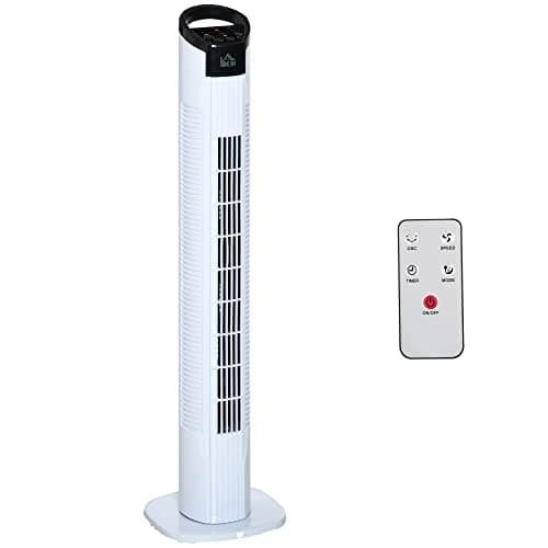 HOMCOM Ventilador de Torre 50W Ventilador de Torre Silencioso con Mando a Distancia 3 Velocidades Temporizador 7,5h Pantalla LED y Oscilante 70° Ø20x78,5 cm Blanco