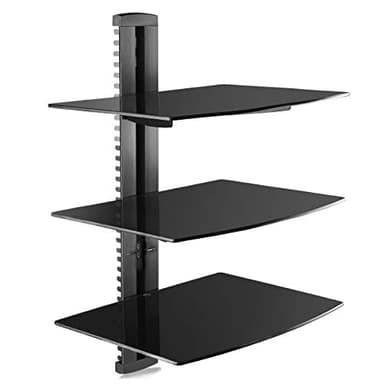 suptek Soporte de pared de 3 estantes flotantes(vidrio templado) de DVD/cajas de cable/consolas de juegos/accesorios de TV, negro, CS303