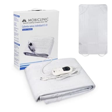 Mobiclinic, Calienta camas eléctrico, 150 x 80 cm, Temperatura regulable en 3 niveles, Ajustable, Lavable, Para cama individual, Muy bajo consumo, 60w, Colchón, Blanco