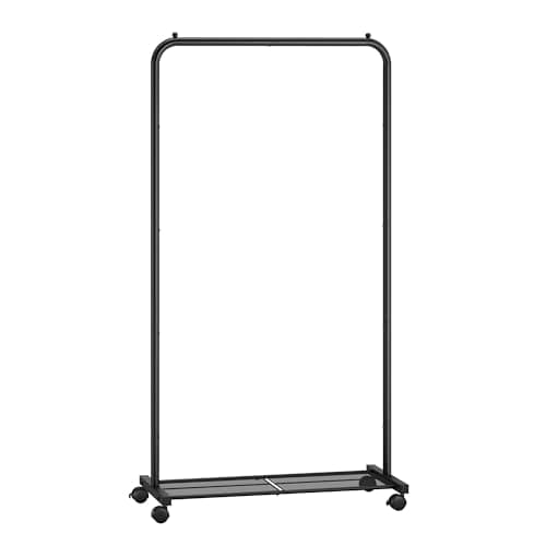 SONGMICS Perchero con Ruedas, Perchero de 74 cm, Burro para Ropa, con Estante de Almacenamiento de Malla Densa, Capacidad de Carga de 35 kg, 2 Frenos, Estructura de Acero, Negro HSR130B01