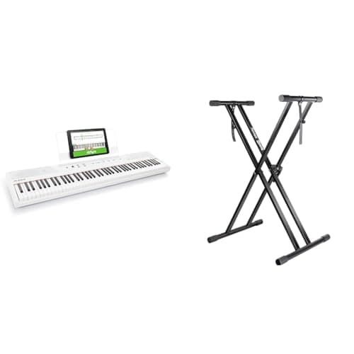 Alesis Recital Piano Eléctrico 88 Teclas Semi Contrapesadas con Altavoces & Soporte para teclado RockJam Xfinity preensamblado, doble arriostrado