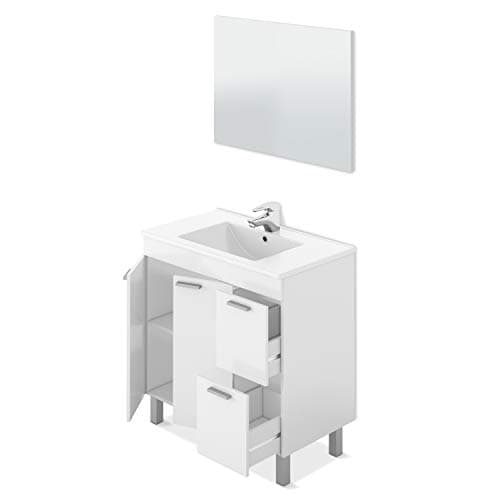 ARKITMOBEL Mueble de Baño con 2 Puertas 2 Cajones y Espejo, Modulo Baño, Modelo Aktiva, Acabado en Blanco Brillo, Medidas: 80 cm (Ancho) x 80 cm (Alto) x 45 cm (Fondo)