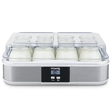 H.Koenig Yogurtera 12 potes ELY120, Capacidad 12 x 160 ml, Programable, Pantalla LCD, Cuerpo de acero inoxidable, Sin BPA, Apta para lavavajillas, Apagado automático, Potencia 21,5 W