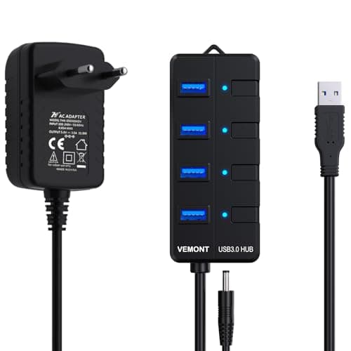 Hub USB 3.0 Alimentado,VEMONT 4 Puertos USB Hub Alimentación Externa con Ataptador 5V/3A,SuperSpeed Multi USB con Botón Encender/Apagar y Cable Largo 1,2m Compatible con Mac iOS,Windows,Android,Linux