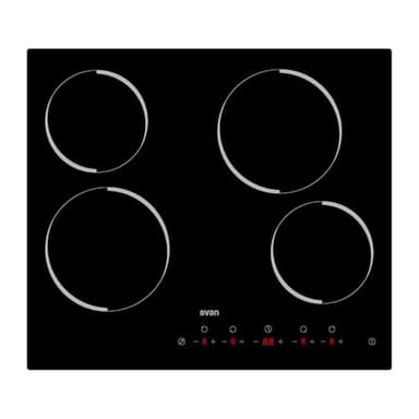Svan Placa Vitrocerámica Cristal negro SV4601. Potencia máx. 6600 W, 4 Zonas de Cocción, 9 Niveles de Cocción, Control Táctil, Bloqueo y Autodesconexión de Seguridad