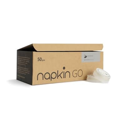 Paquete de 50 toallitas compactas higienizantes portátiles en capsula listas para usar, NAPKIN GO 08 con agente antibacteriano (Clorhezidina). Biodegradables, hipoalergénicas, para piel sensible.