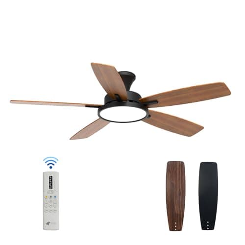 JR BRO 132cm Ventilador de Techo con luz LED, motor DC,tres tipos de color y luz regulable, acabado negro, control remoto para dormitorio, motor silencioso dc, 6 velocidades,sala de estar,oficina