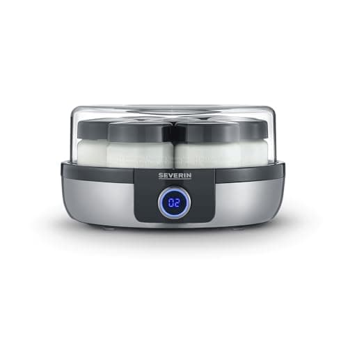 SEVERIN Yogurtera digital, mini yogurtera con 5 programas automáticos incluidos para hacer yogur casero, con 7 tarros con tapa, sin BPA, acero inoxidable cepillado/negro, JG 3521