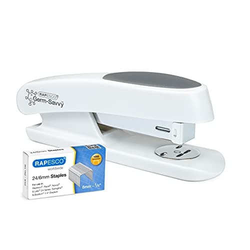 Rapesco 1483 Germ-Savvy Antibacteriano, ECO Sting Ray Grapadora y Caja de 1000 Grapas 24/6 mm, Grapa hasta 20 Hojas, Blanco Mate