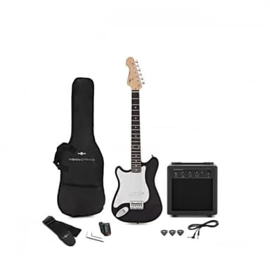 VISIONSTRING Guitarra eléctrica 3/4 para zurdos Starter Pack con amplificador y accesorios, negro