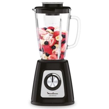 Moulinex Batidora de vaso Blendforce 2 - Jarra de vidrio 1,25 L útil, potencia 800 W, bloqueo inteligente, picadora hielo, smoothies, sopas, salsas, cremas para untar, granizados, color negro, LM4308