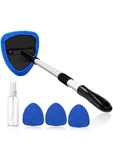 AstroAI Cepillo Lavar Coche, Cepillo de Limpieza Extraíble Telescópico, Kit de Limpiaparabrisas Interior de Cristal, 4 Almohadillas de Microfibra Herramienta de Limpieza de Parabrisasl, Azul