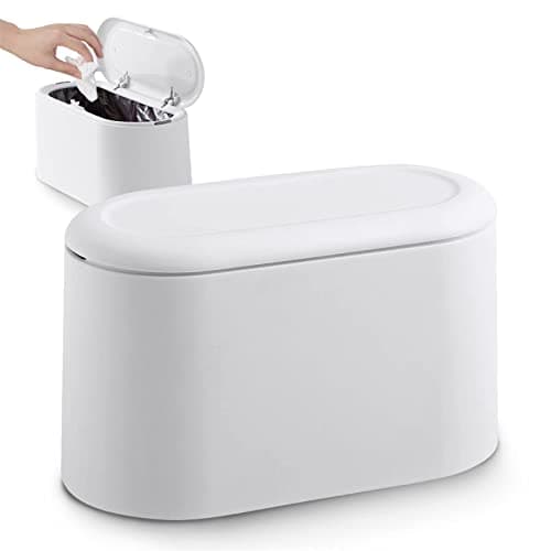 JEEZAO Cubo de Basura de Mesa con Tapa, Papelera de Escritorio Mini Bote de Reciclar, Maquillaje Lápiz Cubo,Reciclaje para Oficina, Baño,Hogar,Almacenamiento de Alimentos para Mascotas (Blanco)