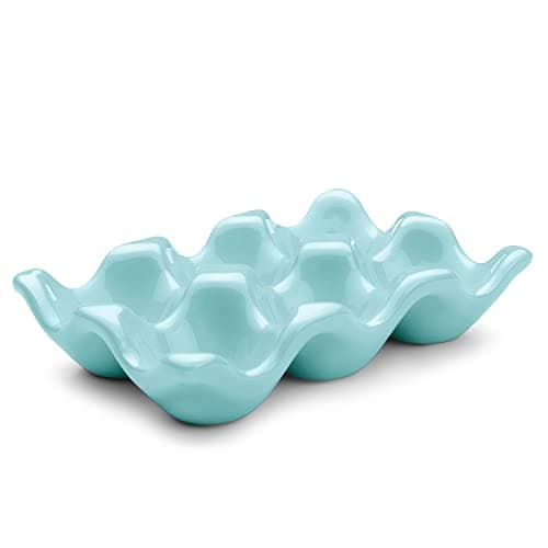 Flexzion Hueveras de cerámica, -6 tazas, Hueveras para frigorifico de diseño moderno, Bandeja para huevos de gallina, Organizador decorativo para los huevos de Pascua, Azul