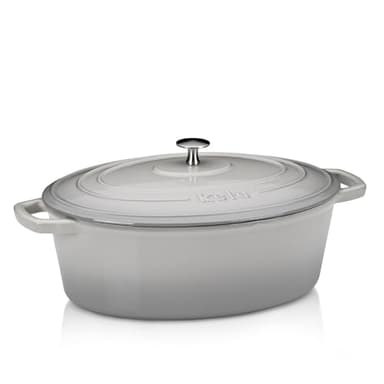 asador kela de hierro fundido ovalado 6 litros, Dutch Oven CALIDO, asador de inducción de hierro fundido con tapa, olla de hierro fundido para hornear pan, esmaltada, gris claro