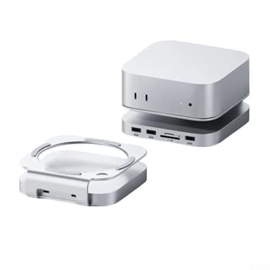 Base para Mac Mini con opciones de conectividad avanzadas, puertos USB CA de 10G, puertos USB A 5G e impresionante salida de video 4K (plateado)