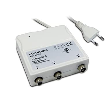 Metronic 332176 - Amplificador para Interior FM/VHF/UHF con Ajuste de Ganancia de 30 DB con Filtro 4G, Compatible Dab+, Entrada/Salidas con Toma 9,52 mm, Blanco