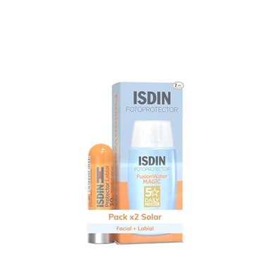 ISDIN Fotoprotección Pack Fusion Water MAGIC SPF 50, Protector Solar Facial de Textura Ultraligera y Fase Acuosa 50 ml y Protector Labial SPF 30 que Protege, Repara e Hidrata los Labios 4 g