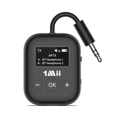 1Mii Transmisor Bluetooth 5.3 para TV/Avión, Adaptador Audio Jack 3.5mm Aux con Pantalla OLED, aptX Baja Latencia Emisor Bluetooth Control Volumen, Soporta 2 Auriculares, 25Hrs Batería para Vuelo