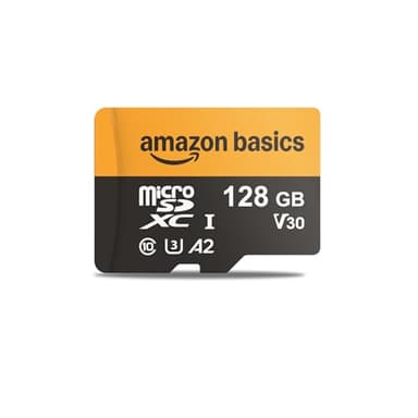 Amazon Basics - Tarjeta micro sdxc de 128 GB con adaptador de lector, velocidad rápida de hasta 200 MB/s, negro, paquete de 1