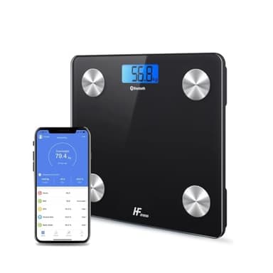 HF Bascula de Baño Digital, Bascula Grasa Corporal y Muscular con App, Bascula Inteligente para Fitness, 19 Monitores de Composición Corporal Peso IMC Muscular, Elis (Negro con retroiluminación azul)