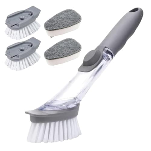 Yuqilin Juego de 5 Piezas Cepillo Limpieza, Cepillo con Dispensador de Jabon, Gris Productos de Limpieza para el Hogar, Viene 4 Cabezales Cepillo Intercambiables, para Sartenes, Cubiertos