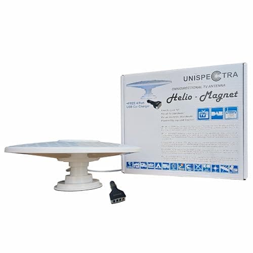 Helio – Imán Amplificado Digital omnidireccional Antena de TV HD de Ganancia Alto 33dB TNT DVB-T2 FM Dab. Unispectra® 12 V 24 V 5 V USB Ideal para Peso Pesado camión Caravana Barco o Camping