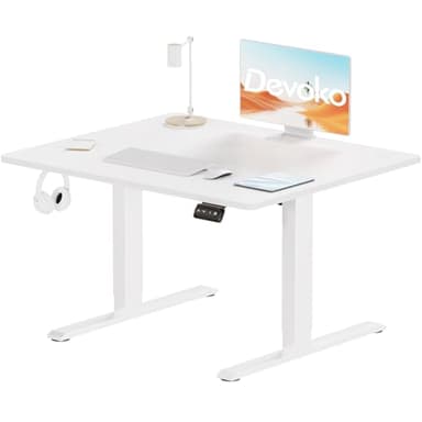 Devoko Escritorio Elevable Eléctrico 100 x 60cm,Escritorio Regulable en Altura con Gancho, 71-119 cm, 2 Opciones de Memoria Inteligente, Adecuado para Estudiar Trabajar（Blanco）