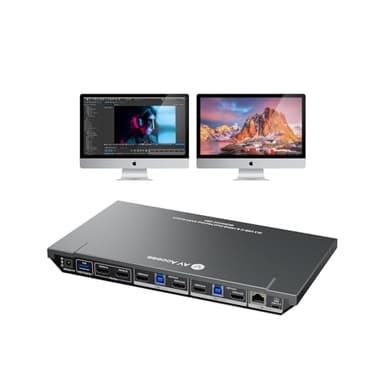 AV Access KVM Switch Dock 3 Computers 2 Monitors, 4K HDMI KVM Switch Dual Monitor, Carga Tipo-C 65W para Portátil, Ethernet, EDID, Hotkey Switch, USB-C MST Dual 4K@60Hz, 1080P@240Hz, 2K@144Hz, USB 3.0