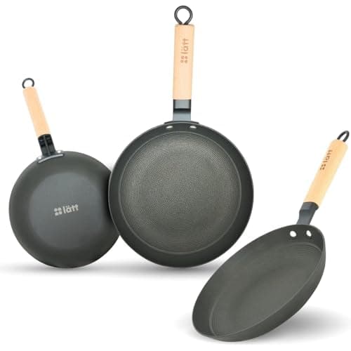 lätt Home Juego de Sartenes Hierro Fundido Antiadherente Aptas para Cocina de Inducción Gas Vitrocerámica Eléctrica Horno Lavavajillas - Mango Madera Clara Removible - Set 3 Diametros 20-24 - 28 cm