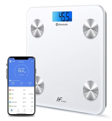 HF Bascula de Baño Digital, Bascula Grasa Corporal y Muscular con App, Bascula Inteligente para Fitness, 19 Monitores de Composición Corporal Peso IMC Muscular, Elis (Blanca con retroiluminación azul)