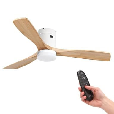 M Ledme - Ventilador de Techo Led Energy 58W Blanco, mando a distancia, motor DC 40W+Luz Led 18W, 6 velocidades, Silencioso,3 Aspas madera natural, 132 cm, función verano-invierno, temporizador