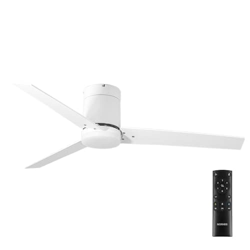 NORHES Boume Ventilador Techo Blanco/Madera Blanca. 3 Aspas Ø132cm. Luz Led 20W Neutra/Cálida/Extra Cálida. Motor DC. Verano/Invierno. 6 Velocidades. Control Remoto Temporizador. Silencioso. Brisa