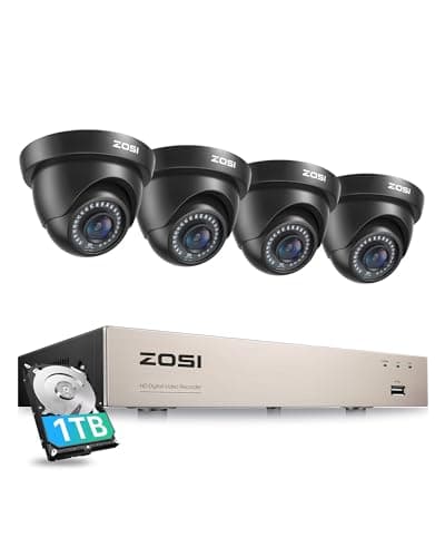 ZOSI Kit de Cámara de Vigilancia 5MP Lite 8CH H.265+ Grabador DVR con (4) 1080P Cámara de Seguridad Exterior, 1TB Disco Duro, 20m Visión Nocturna, Alarma de Movimiento, P2P