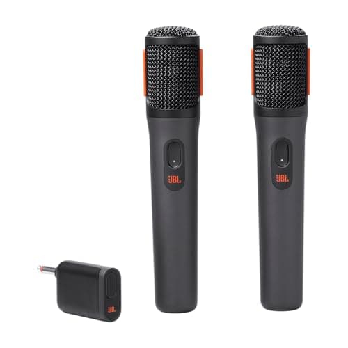 JBL PartyBox Wireless mic, set de micrófonos inalámbricos con 2 micros y receptor inalámbrico de doble canal UHF, baterías AA reemplazables, compatible con altavoces JBL PartyBox , negro