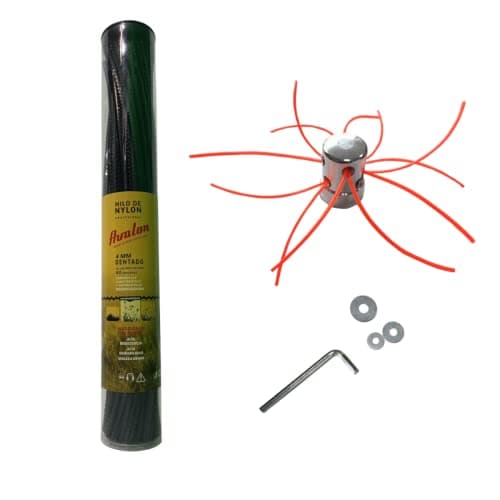 Avalon Cabezal Desbrozadora Universal Cabezal Multihilo Aluminio Profesional + Tiras de Hilo Dentado de Nylon Precortado 4 mm - 80 Unidades para Desbrozadora y Cortacésped