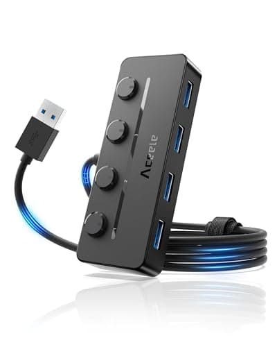 Aceele HUB USB 3.0, 4 Puertos USB A 3.0 con Interruptor de Alimentación Independiente, Concentrador USB Multipuerto con Puerto de Alimentación 5V/3A, Cable Largo 120CM