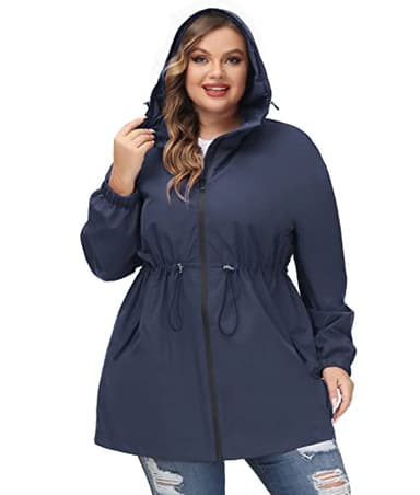 Hanna Nikole Chaqueta impermeable con capucha para mujer, talla grande, cortavientos, azul marino, 24 Plus