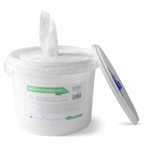 ARNOMED Toallitas desinfectantes secas con cubo dispensador, 140 toallitas secas para desinfectar superficies, 1 rollo no tejidos incl. sistema dispensador, bayetas desechables sin arañazos