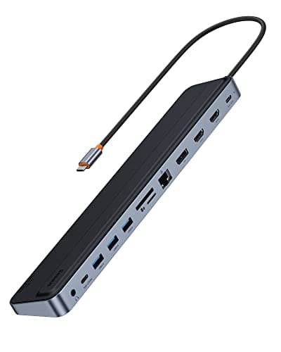 Baseus Docking Station USB C 4K@60Hz Dual HDMI + DP, Hub 12 en 1 Adaptador USB C con 2HDMI, DP, 100W PD, 3* USB3.0, USB C, Gigabit Ethernet, SD/TF, 3,5mm para MacBook/DELL/HP/Surface/Steam Deck