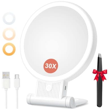 Auxmir Espejo Maquillaje con Luz, 30X/1X Aumento de Doble Cara, Espejo 72 Leds 3 Colores de Luz, 2000 mAh con USB Pinza, Colgar Pared Brillo Regulable para Bolso Viajes, Blanco