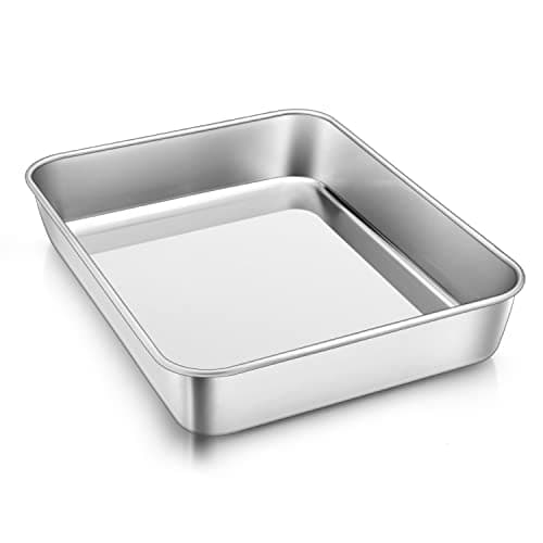 Herogo Bandeja de horno de acero inoxidable, rectangular honda (23x17x5 cm), bandeja pequeña para horno, sartén para cocinar/servir, no tóxico y saludable, acabado de espejo y apto para lavavajillas.