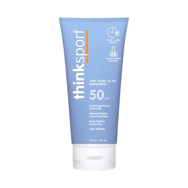 Protector solar SPF 50 ThinkSport 177 ml (6 oz) - Fórmula de óxido de zinc mineral más segura - Ideal para todos los deportes y actividades al aire libre - Ingredientes no tóxicos
