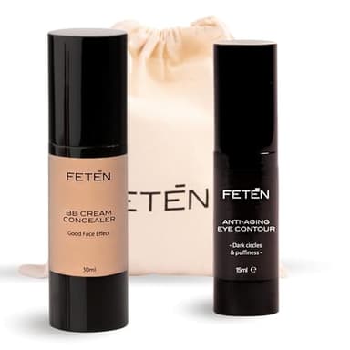 FETĒN Contorno de Ojos Hombre y BB Cream Corrector Antiojeras, Pack de Cremas Contra Ojeras, Bolsas y Arrugas para Hombre, Efecto Inmediato, Antiojeras Antibolsas y Antiarrugas, BBCream Antiage