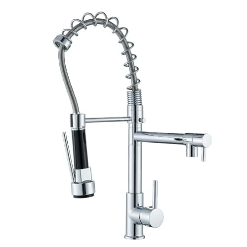 Grifo Cocina Para Fregadero 2 Salidas Con Ducha Extraible 360°Rotación Grifo Muelle Profesional de Cocina y Lavabo Fría/Caliente Alternativa,Dos Tipos de Chorro,Color plateado R3/8”