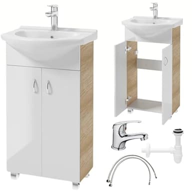 Deftrans Domodomo Armario de baño con Lavabo, 80 x 50 x 26 cm, Armario de cerámica Blanco, Mueble baño con Lavabo - Mueble bajo Lavabo, Mueble de baño con Lavabo