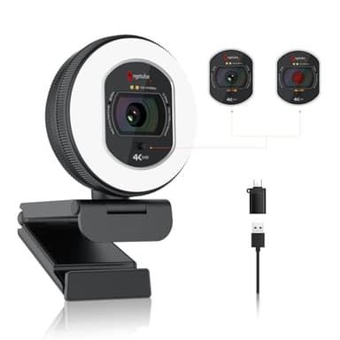 Angetube Webcam 4K con luz - Cámara de streaming para PC con micrófono de cancelación de ruido dual AI, enfoque automático y protección visual incorporada, USB 1080P 60FPS Webcam para portátil y Mac